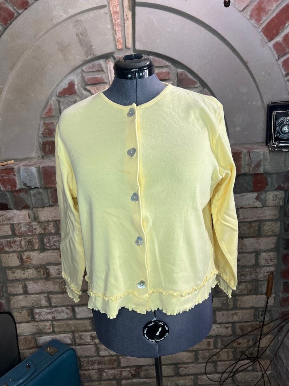 Christopher & Banks cardigan sweater ruffle hem heart button yellow